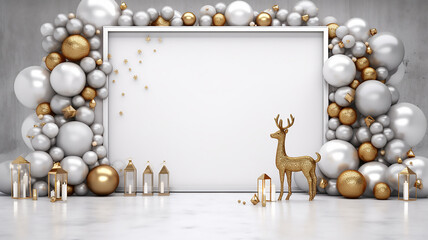 Obraz na płótnie Canvas a colorful frame backdrop of colorful christmas decorations and deer. White frame background