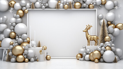 Fototapeta na wymiar a colorful frame backdrop of colorful christmas decorations and deer. White frame background