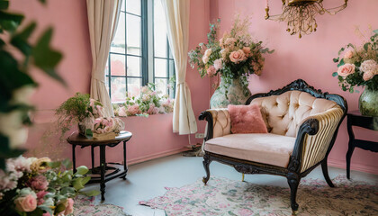 Feminine grace with blush pink walls, floral accents, and a velvet chaise lounge.