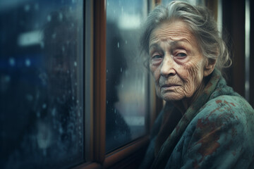 Sad old lonely elderly woman looking through the window. High quality photo - obrazy, fototapety, plakaty