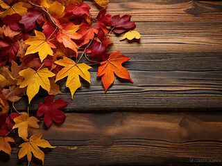 Naklejka na ściany i meble Autumn leaves on wood background