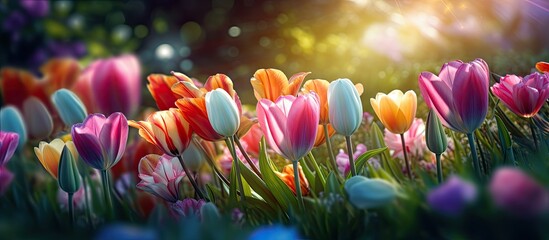 The background of the garden was filled with the vibrant beauty of nature as colorful flowers bloomed in the pink and beautiful floral display with tulips stealing the spotlight with their b - obrazy, fototapety, plakaty