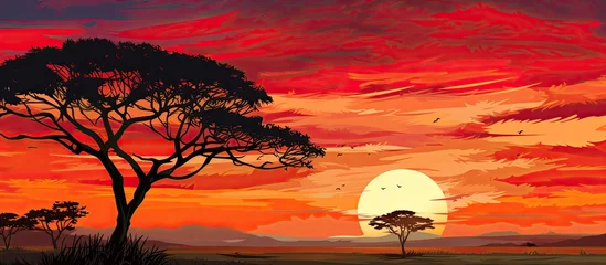 Gordijnen The evening sky showcased a stunning sunset with hues of orange painting the landscape as the trees silhouette stood tall against the backdrop of the beautiful horizon © TheWaterMeloonProjec