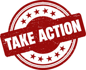 Take action round red grunge stamp