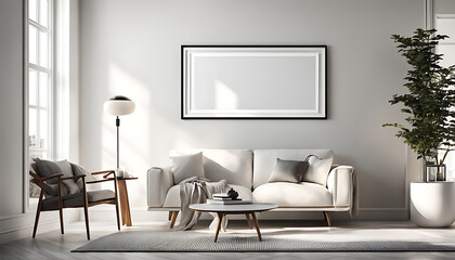 blank white, A mockup of a blank picture frame on a white wall Design of a white living room. A view of a chair-filled modern Scandinavian environment 