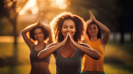 A group of cheerful young women practice relaxed and mindful yoga exercises with a mat in a beautiful city park at sunset, AI generated