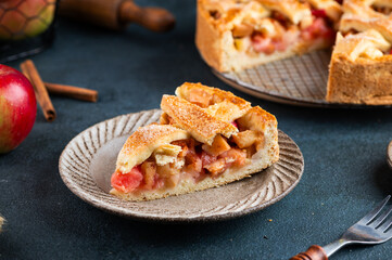 Piece of homemade apple pie. American pie with apple.
