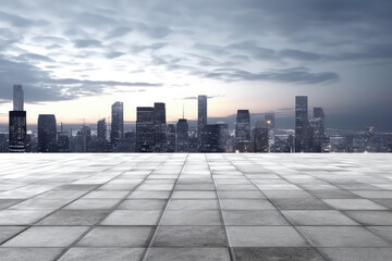Panoramic skyline and buildings with empty brick concrete square floor cityscape. 3d render illustration. Generative AI.