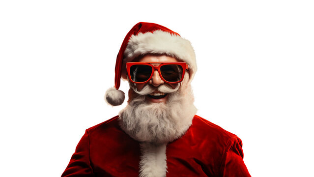 Attractive, smiling Cool Santa Claus isolated on free PNG Background - Positive Christmas or New Year concept.