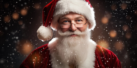 Merry Christmas and happy new year concept, Happy Santa Claus outdoors in snowfall night in eyeglasses looking at camera, generative ai