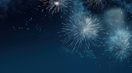 Abstract background new year, cheering crowd and blue and gold fireworks and celebrating holiday, Sparklers and bokeh lights on dark blue night sky texture, copy space, generative ai