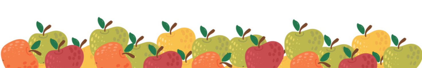 Horizontal border of colorful apple fruits. Fruits with leaves drawn. Bright border of fruit decor. Vector illustration for wallpaper, wrapping paper. Food template for menu, cover, children's room