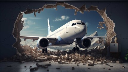 Illustration of a a human hand taking off through a hole in a broken wall. The departure of the plane into the room