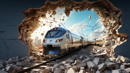 Illustration of a train taking off through a hole in a broken wall.