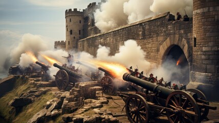 Several cannons in a row firing cannon salutes from a stone wall at a castle with smoke coming out of the front end of the cannons created with Generative AI - obrazy, fototapety, plakaty