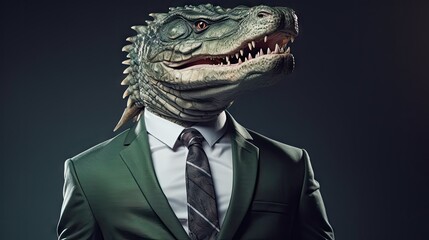  a man in a suit and tie with a dinosaur head on his head, wearing a green suit and tie.  generative ai