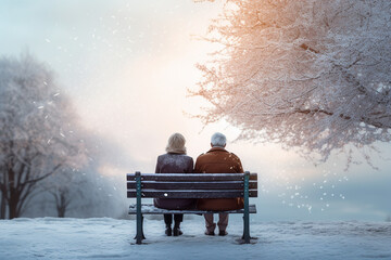 Back view of senior couple sitting on a bench in a winter park with snow. High quality photo