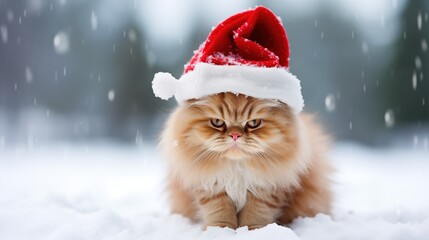 Merry Christmas and Happy New Year, Cheerful kitten sitting in Santa Claus hat at winter snow background, generative ai
