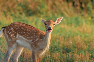A young fallow deer (Dama dama) looks to the side in an autumn meadow