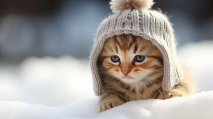 Kitten cute wearing a knitted hat lying on the snow winter, generative ai