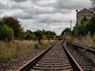 Fototapeta na wymiar Abandoned railroad between trees under gray cloudy sky
