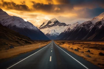 Rolgordijnen Beautiful scene with The road way to the mountain view of Mount cook. Generative AI. © NeeArtwork