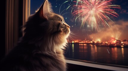 Cat looks out the window and watching the fireworks, generative ai