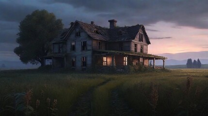 Enigmatic Abandoned Farmhouse Amidst a Mysterious Meadow at Twilight - AI-Generated