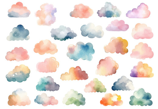Vector watercolor painted colorful clouds. Hand drawn design elements isolated on white background.