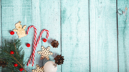 Christmas decoration on blue wooden background