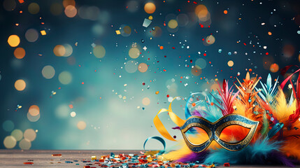Colorful party carnival birthday celebration background, Carnival panoramic banner, Сarnival mask with feathers, party confetti and bokeh on a wooden table with copy space. Colored confetti flying - 677215715
