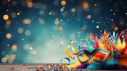 Fotobehang Colorful party carnival birthday celebration background, Carnival panoramic banner, Сarnival mask with feathers, party confetti and bokeh on a wooden table with copy space. Colored confetti flying © Vladimir Sazonov