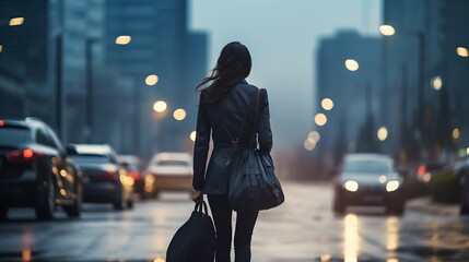 Naklejka premium City Businesswoman Walking at Night near Skyscraper, Traffic and Blurred Motion