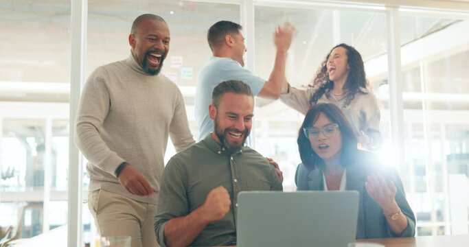 Success, celebration and business people on laptop with winning, stock trading profit and financial bonus. Teamwork, support and happy workers cheer, high five and applause for sales goal on computer