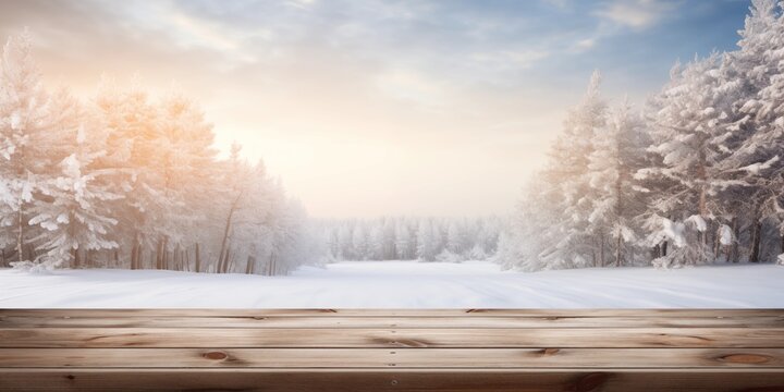 Winter christmas scenic landscape with copy space. Wooden flooring with snow in forest with fir-trees covered with snow on nature, generative ai