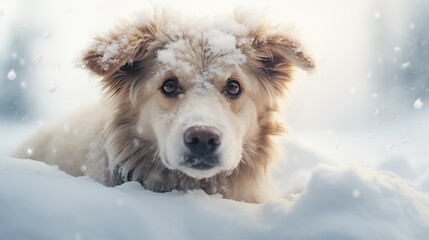 A dog looking funny with snow all over her face sitting on a field covered in snow looking up, generative ai