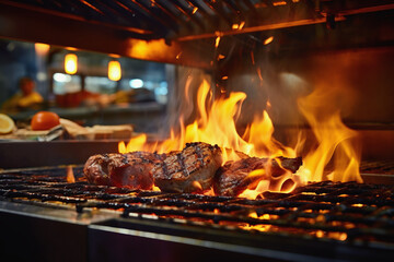 Close up of burning grill meat for dinner in the oven in background of modern restaurant. Cooking concept of food and dish. - obrazy, fototapety, plakaty
