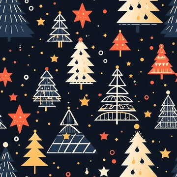 Christmas elements in modern minimalist geometric style. Colorful illustration in flat vector cartoon style. Xmas tree with geometrical patterns, stars and abstract elements