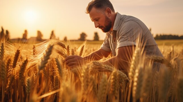  a man standing in a wheat field with his hands on the ears of a wheat plant as the sun sets in the background.  generative ai