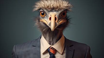  an ostrich wearing a suit and tie with a bald eagle's head sticking out of his suit jacket.  generative ai