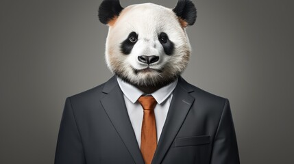  a panda wearing a black blazer, white shirt, and orange tie, standing against a grey background