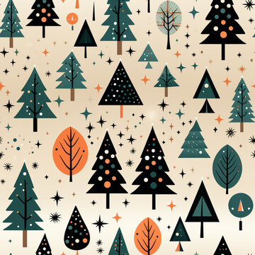 Christmas elements in modern minimalist geometric style. Colorful illustration in flat vector cartoon style. Xmas tree with geometrical patterns, stars and abstract elements