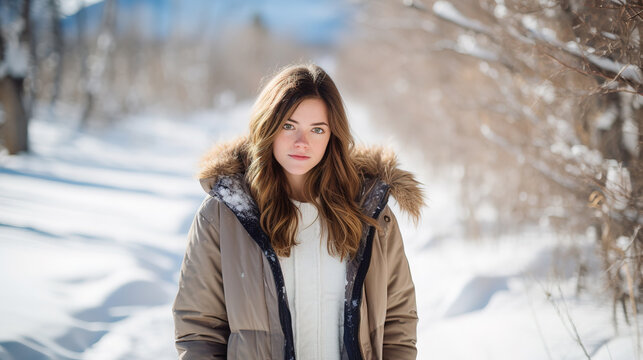 a young woman, winter walk in mountains in casual clothing. With empty copy space