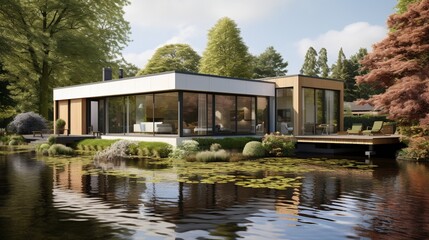 Fototapeta na wymiar A contemporary Dutch dwelling, surrounded by water features and greenery, stands as a testament to architectural innovation and aesthetic sophistication