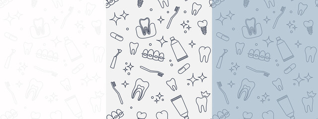 Medical seamless background set patterns with teeth in trendy linear style dentistry doctor - obrazy, fototapety, plakaty