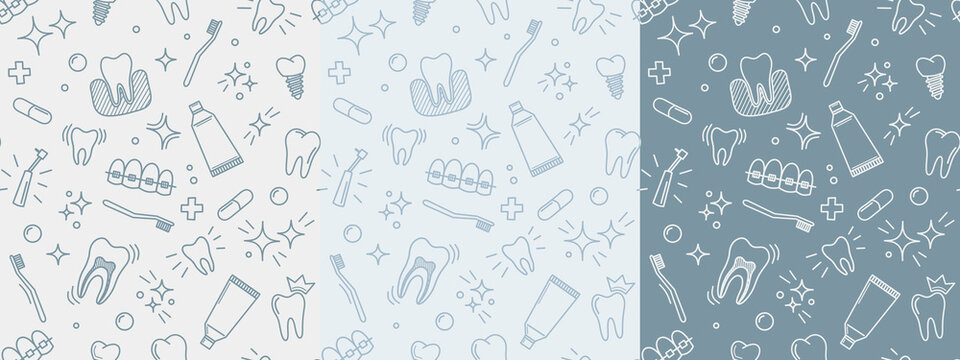 Medical seamless background set patterns with teeth in trendy linear style dentistry doctor