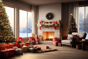 Escena navideña, casa decorada con arbol de navidad, adornos y regalos, fetejos de navidad - obrazy, fototapety, plakaty