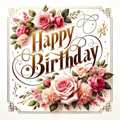 Elegant Birthday Celebration Card with Golden Script and Floral Watercolor Design