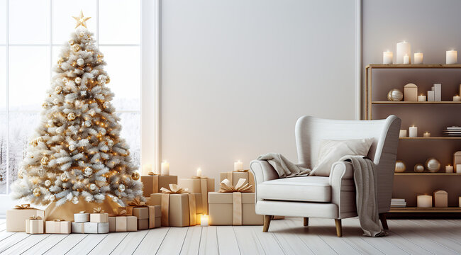 Living room interior wall mock up with white armchari and decorated christmas tree on empty white background. 
