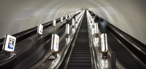 Kyiv, Ukraine. May 2023. Escalator in the metro station 
